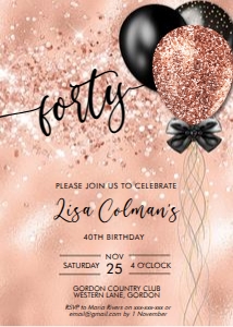 Rosegold Black Balloons Birthday Invitation design preview