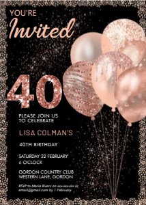 Any Age Rosegold Glitter Balloons Invitation design preview
