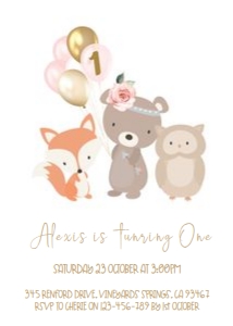 Forest Friends Balloons 1st Birthday Invitation design preview