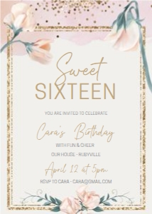 Sweet Sixteen Pink Gold Flowers Invitation design preview