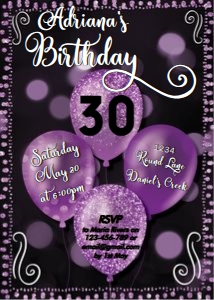 Purple Glitter Balloons Text Invitation design preview