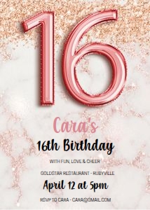 16 Girl Rosegold Foil Balloon Invitation design preview