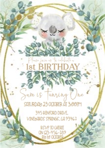 Koala Eucalyptus First Birthday Invitation design preview
