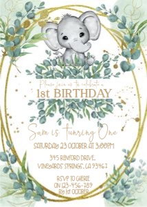 Elephant Eucalyptus First Birthday Invitation design preview
