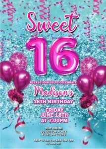 Pink Aqua Balloons Glitter Invitation design preview