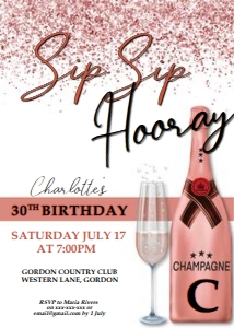 Sip Sip Hooray Rosegold White Champagne Invitation design preview