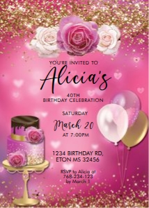 Bright Pink Gold Birthday Cake Invitation design preview