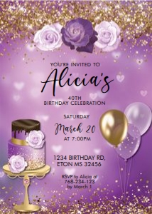 Lilac Gold Birthday Cake Invitation design preview