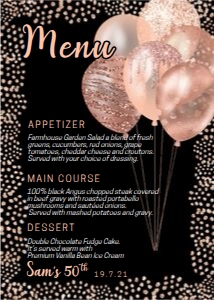 Rosegold Glitter Balloons Menu 5x7 design preview