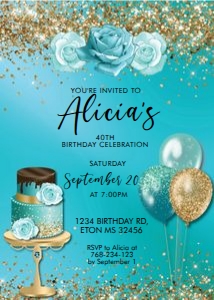 Aqua Gold Birthday Cake Invitation design preview