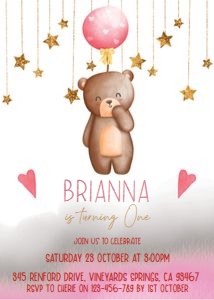 Pink Bear Balloon Birthday Invitation design preview