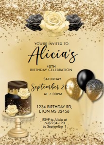 Gold Black Birthday Cake Invitation design preview