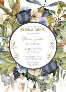 Purple Tropical Leaves Circle Birthday Invitation design preview