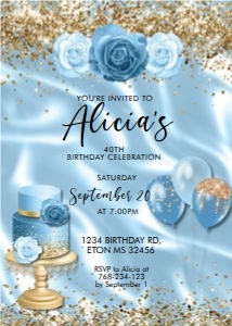 Gold Blue Balloons Cake Invitation design preview