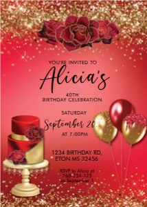 Red Gold Birthday Cake Invitation design preview
