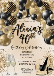 Black Gold Balloon Arch Birthday Invitation design preview