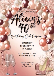 Rosegold Balloon Arch Birthday Invitation design preview