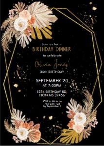 Boho Gold Frame Pampas Black Birthday Invitation design preview
