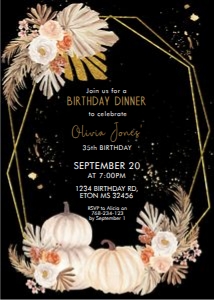Fall Boho Gold Frame White Pumpkin Black Invitation design preview