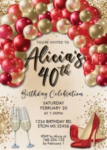 Red Gold Balloon Arch Birthday Invitation design preview