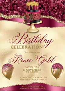 Burgundy Gold Cake Birthday Invitation design preview