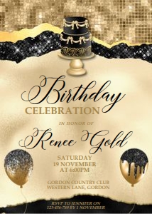 Black Gold Cake Tear Birthday Invitation design preview