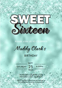 Sweet Sixteen Aqua Glitter Invitation design preview
