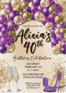 Purple Gold Balloon Arch Birthday Invitation design preview