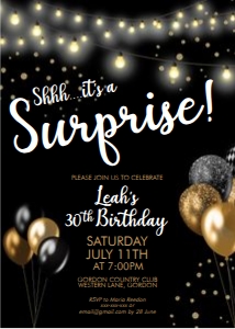 Black Gold Balloons Surprise Invitation design preview