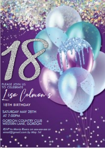 Aqua Purple Balloons Silver Number Invitation design preview
