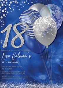 Royal Blue Balloons Silver Number Invitation design preview