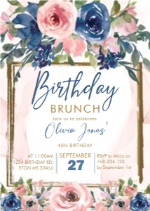 Navy Blush Floral Gold Frame Invitation design preview