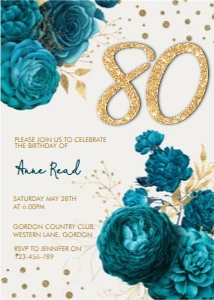 Eighty Teal Gold Glitter Number Invitation design preview