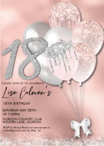 Blush Pink Balloons Silver Number Invitation design preview
