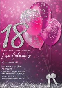 Pink Balloons Silver Number Invitation design preview