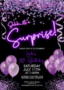 Neon Purple Surprise Birthday Invitation design preview
