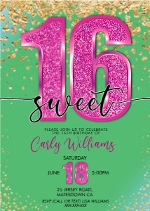 Hot Pink Glitter Number Green Birthday Invitation design preview
