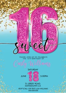 Hot Pink Glitter Number Aqua Birthday Invitation design preview