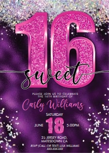 Hot Pink Glitter Holo Purple Birthday Invitation design preview