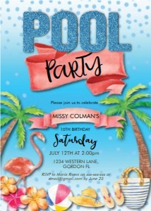 Pool Party Blue Glitter Invitation design preview