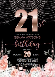21 Rosegold Number Pink Floral Invitation design preview
