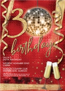Red Gold Glitter Disco Ball Invitation design preview