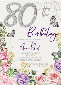 Eighty Roses and Butterflies Silver Number Invitation design preview