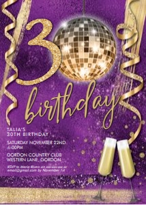 Purple Gold Glitter Disco Ball Invitation design preview