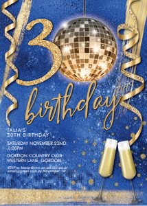 Blue Gold Glitter Disco Ball Invitation design preview
