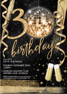 Black Gold Glitter Disco Ball Invitation design preview