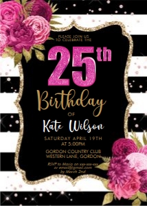 Black White Hot Pink Floral Invitation design preview