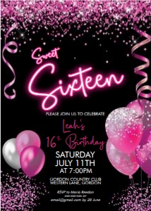 Sweet Sixteen Neon Pink Birthday Invitation design preview