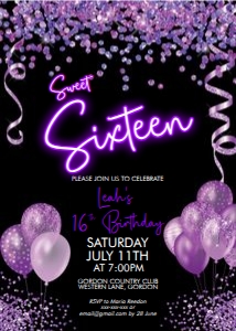 Sweet Sixteen Neon Purple Birthday Invitation design preview