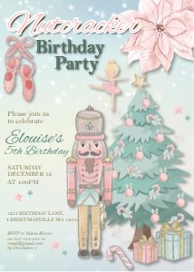 Pink Green Nutcracker Poinsettia Birthday Invitation: Pink Green Nutcracker Poinsettia Birthday Invitation